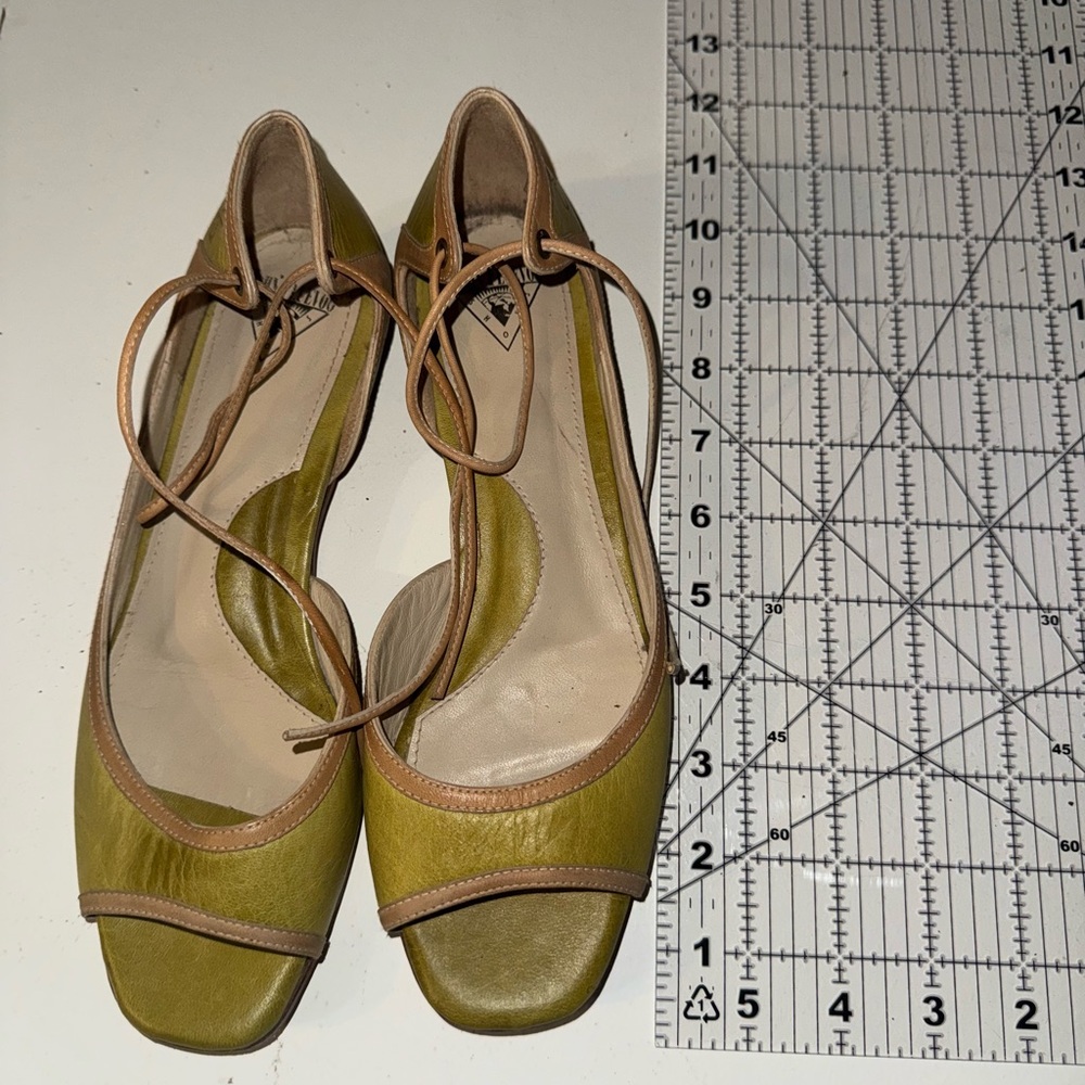 John Fluevog Olive and Tan Leather Flats